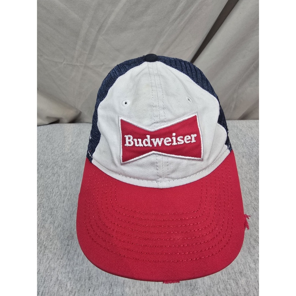 BUDWEISER Beer Hat Cap Mens Snapback Red White Blue Mesh Factory Distressed VTG